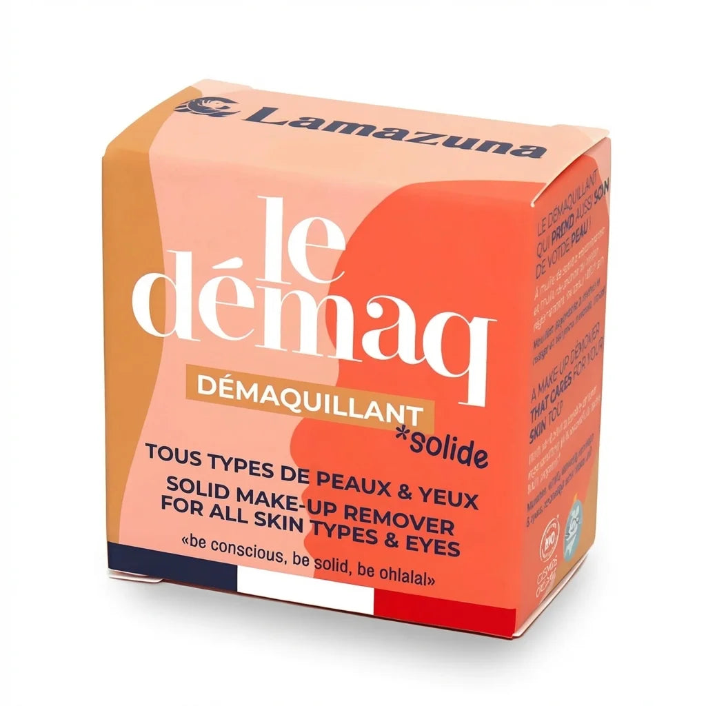 Démaquillant solide Lamazuna à l'huile de jojoba bio 30g, emballage carton dégradé pêche-corail