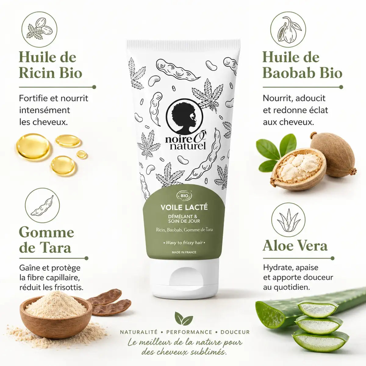 Voile Lacté Noire Ô Naturel - Démêlant soin jour 2 en 1 bio avec ingrédients naturels