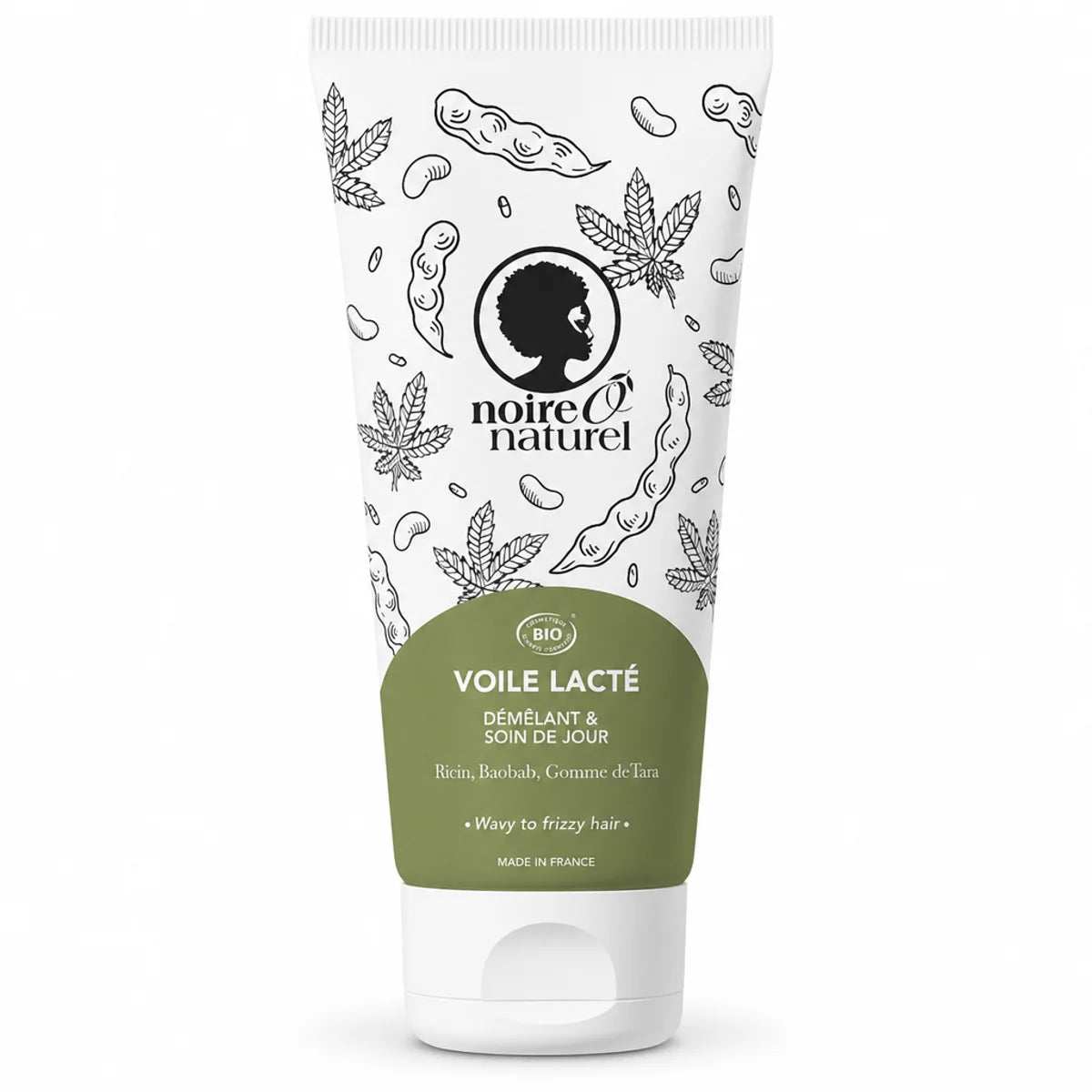 Tube Voile Lacté 200ml Noire O Naturel démêlant soin jour 2 en 1 bio avec illustrations botaniques