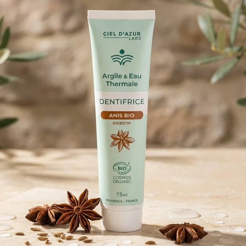 Denticlay Anis Digestif 75ml tube dentifrice argile eau thermale sur marbre