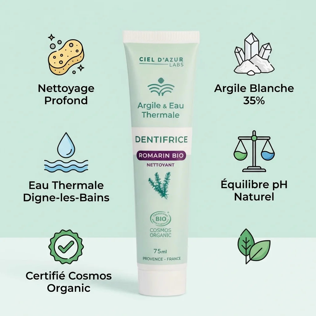Denticlay Romarin Bio 75ml - Tube dentifrice argile blanche et eau thermale avec bénéfices
