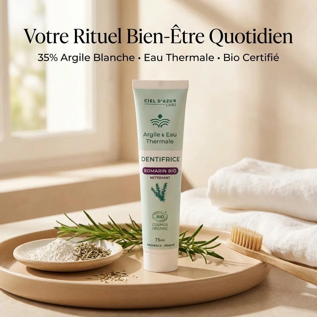 Denticlay Romarin Bio 75ml - tube argile verte avec romarin frais et eau thermale en décor spa