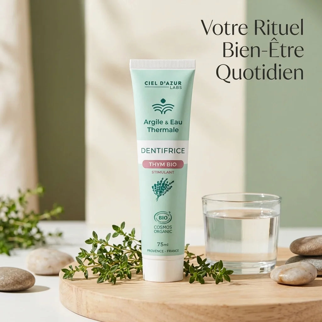 Denticlay Thym Bio tube dentifrice argile eau thermale avec thym frais et pebbles sur fond naturel