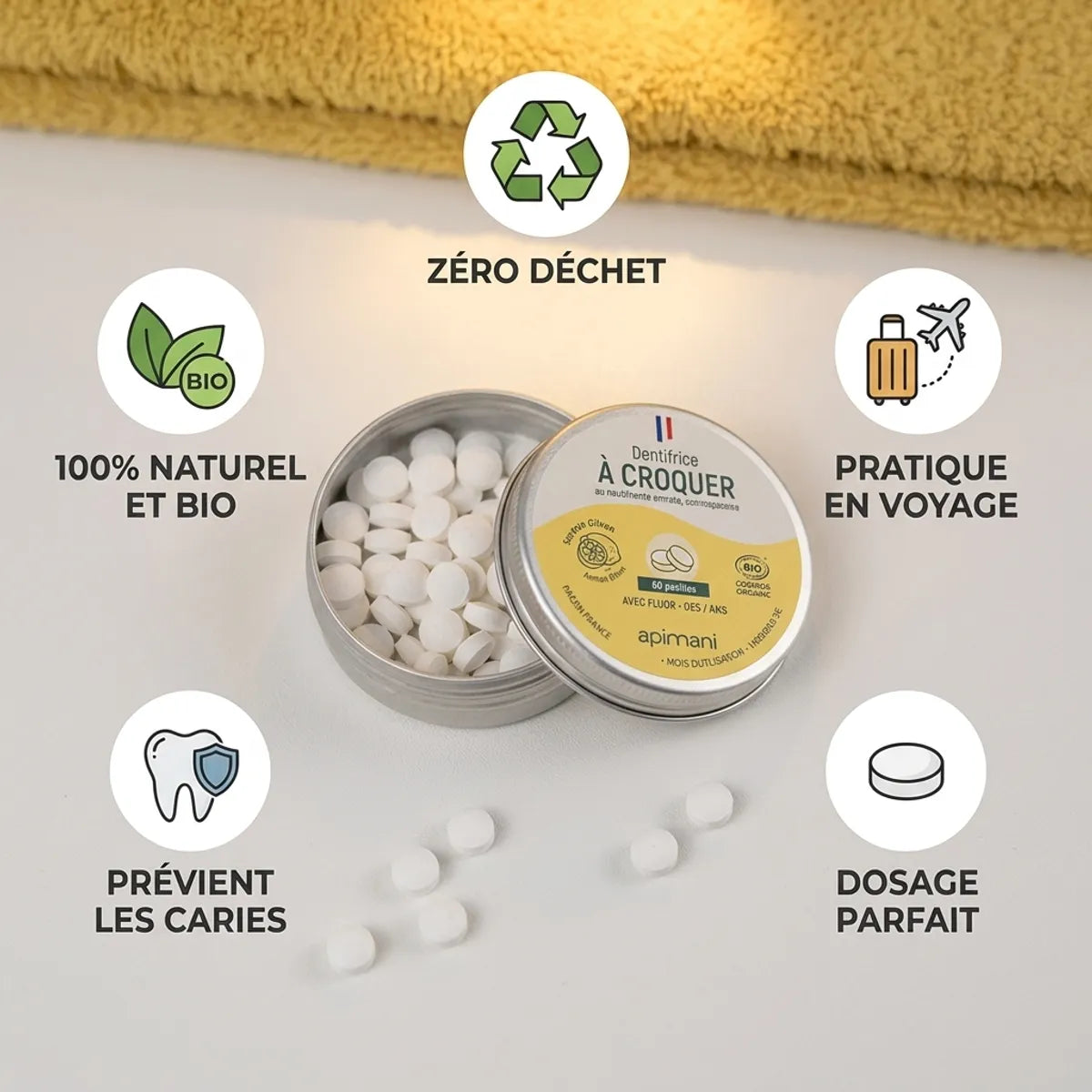 Dentifrice à croquer Apimani citron 60 pastilles avec bénéfices zéro déchet bio naturel