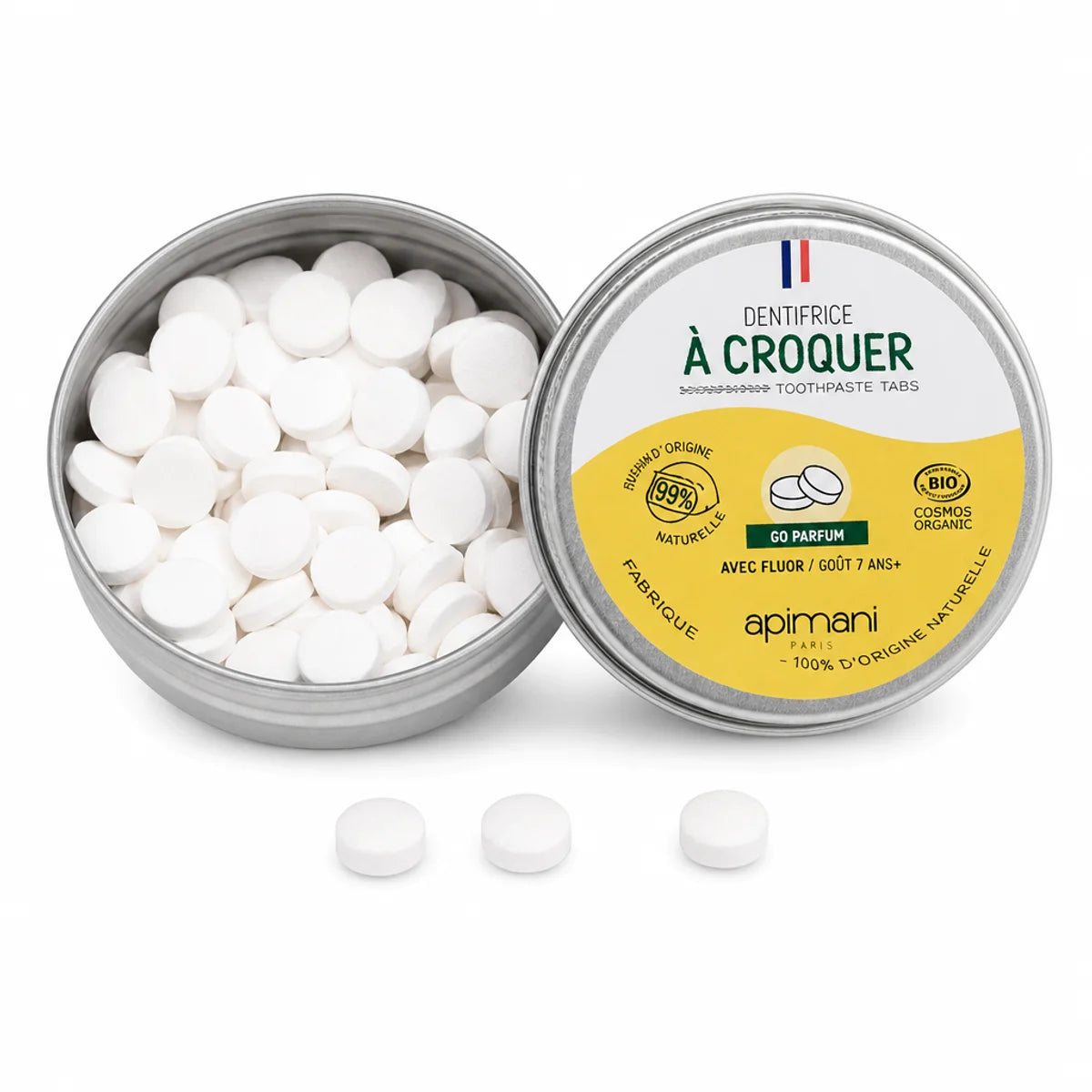 Dentifrice à croquer citron Apimani 60 pastilles - boîte aluminium avec tablettes blanches