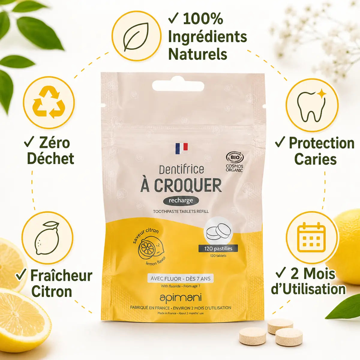 Dentifrice à croquer citron Apimani recharge 120 pastilles bio naturel zéro déchet