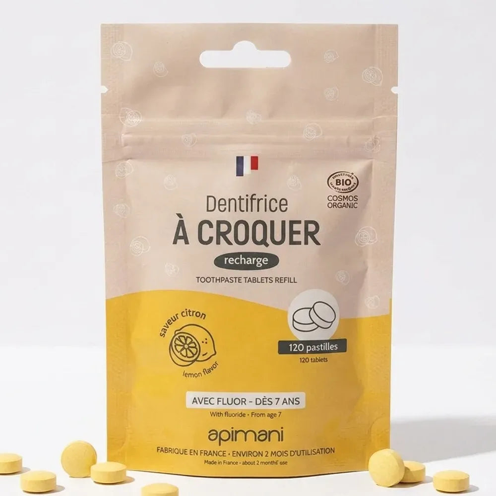 Dentifrice à croquer citron Apimani - 120 pastilles jaunes recharge écologique