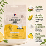Dentifrice à croquer citron Apimani 120 pastilles avec ingrédients : xylitol, amidon maïs, citrate calcium, huile essentielle citron