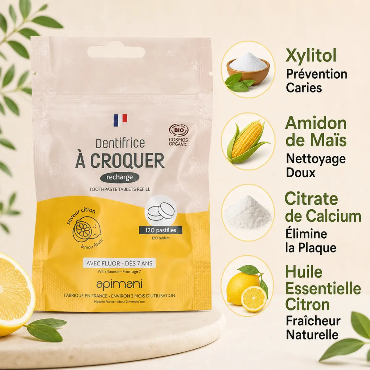 Dentifrice à croquer citron Apimani 120 pastilles avec ingrédients : xylitol, amidon maïs, citrate calcium, huile essentielle citron