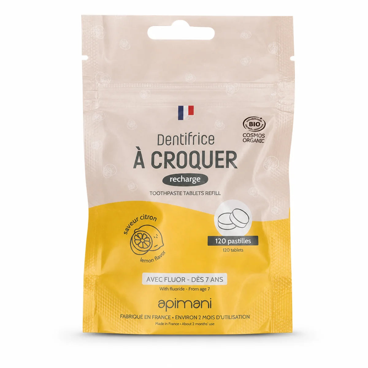Dentifrice à croquer citron Apimani 120 pastilles - recharge kraft écologique