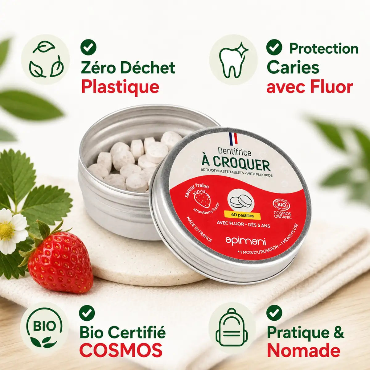 Dentifrice à croquer fraise Apimani 60 pastilles bio - zéro déchet plastique