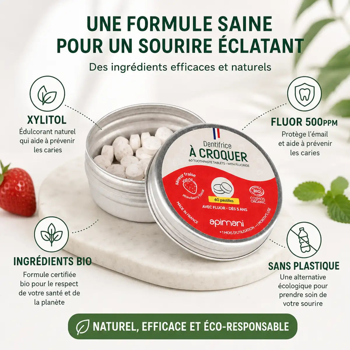 Dentifrice à croquer fraise Apimani 60 pastilles bio, sans plastique, xylitol et fluor