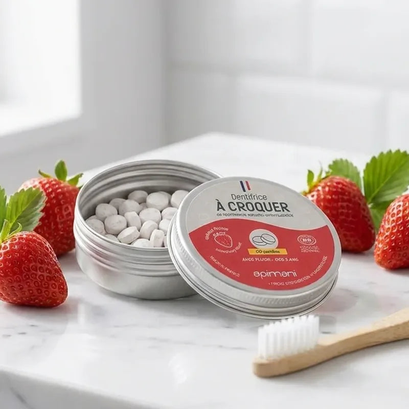Dentifrice à croquer fraise Apimani 60 pastilles en boîte avec brosse écologique