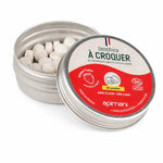 Dentifrice à croquer fraise Apimani 60 pastilles en boîte aluminium ouverte fond blanc