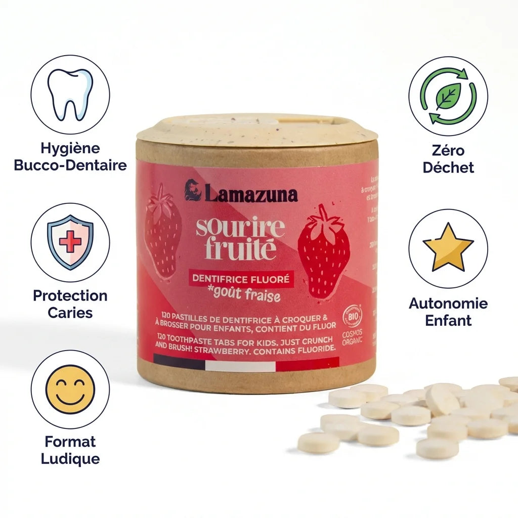 Dentifrice à croquer fraise Lamazuna 120 pastilles avec bénéfices : hygiène, protection caries, zéro déchet enfant