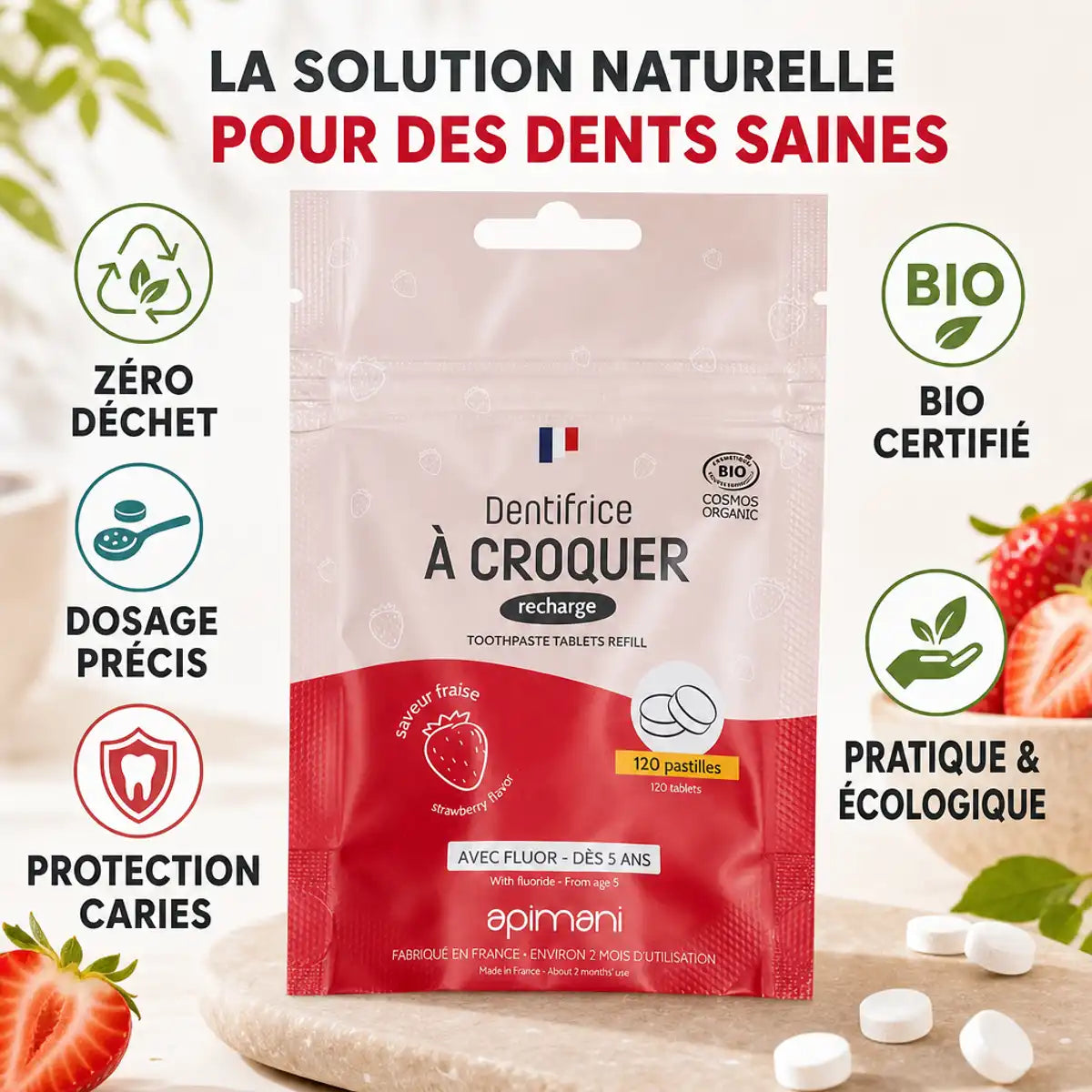 Dentifrice à croquer fraise Apimani 120 pastilles recharge bio zéro déchet
