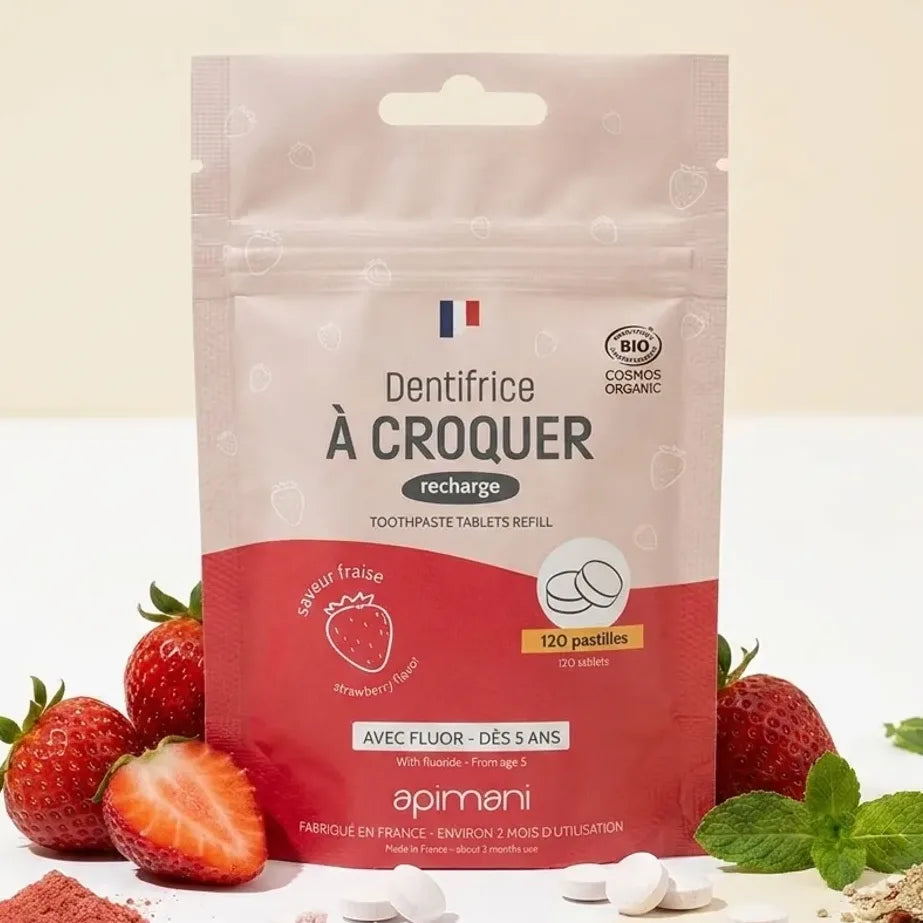 Dentifrice à croquer fraise Apimani 120 pastilles recharge avec ingrédients naturels