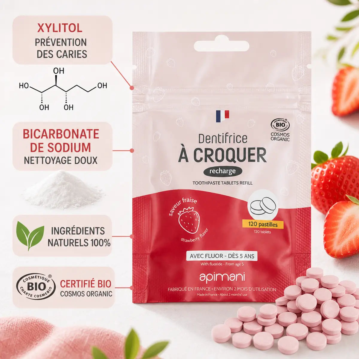 Dentifrice à croquer fraise Apimani 120 pastilles recharge avec ingrédients naturels bio