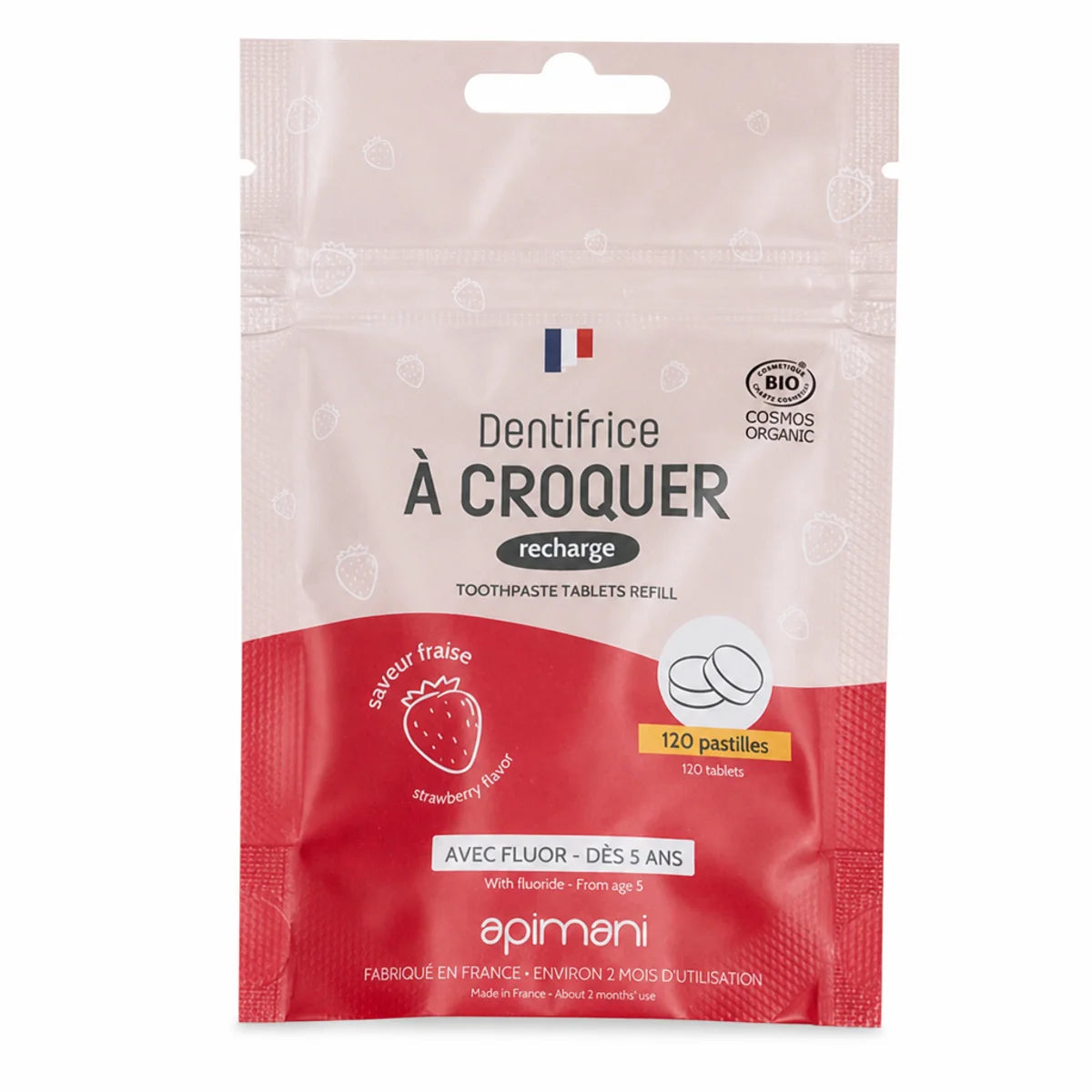 Dentifrice à croquer fraise Apimani recharge 120 pastilles bio, packaging rose kraft