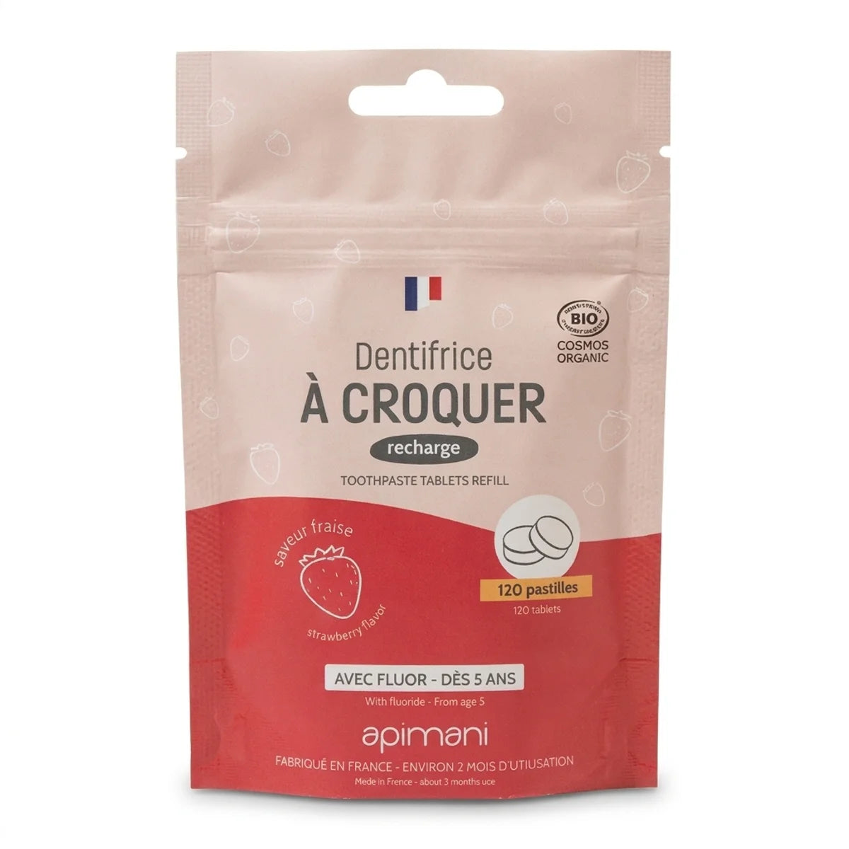 Dentifrice à croquer fraise Apimani recharge 120 pastilles bio certifiée COSMOS