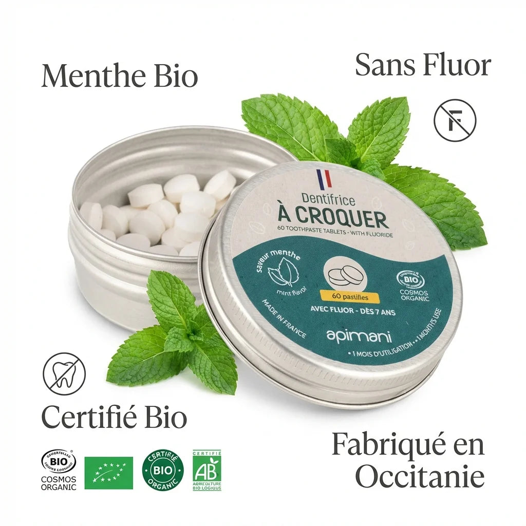 Dentifrice à croquer menthe bio Apinami 60 pastilles - Boîte métallique avec feuilles de menthe et certifications bio