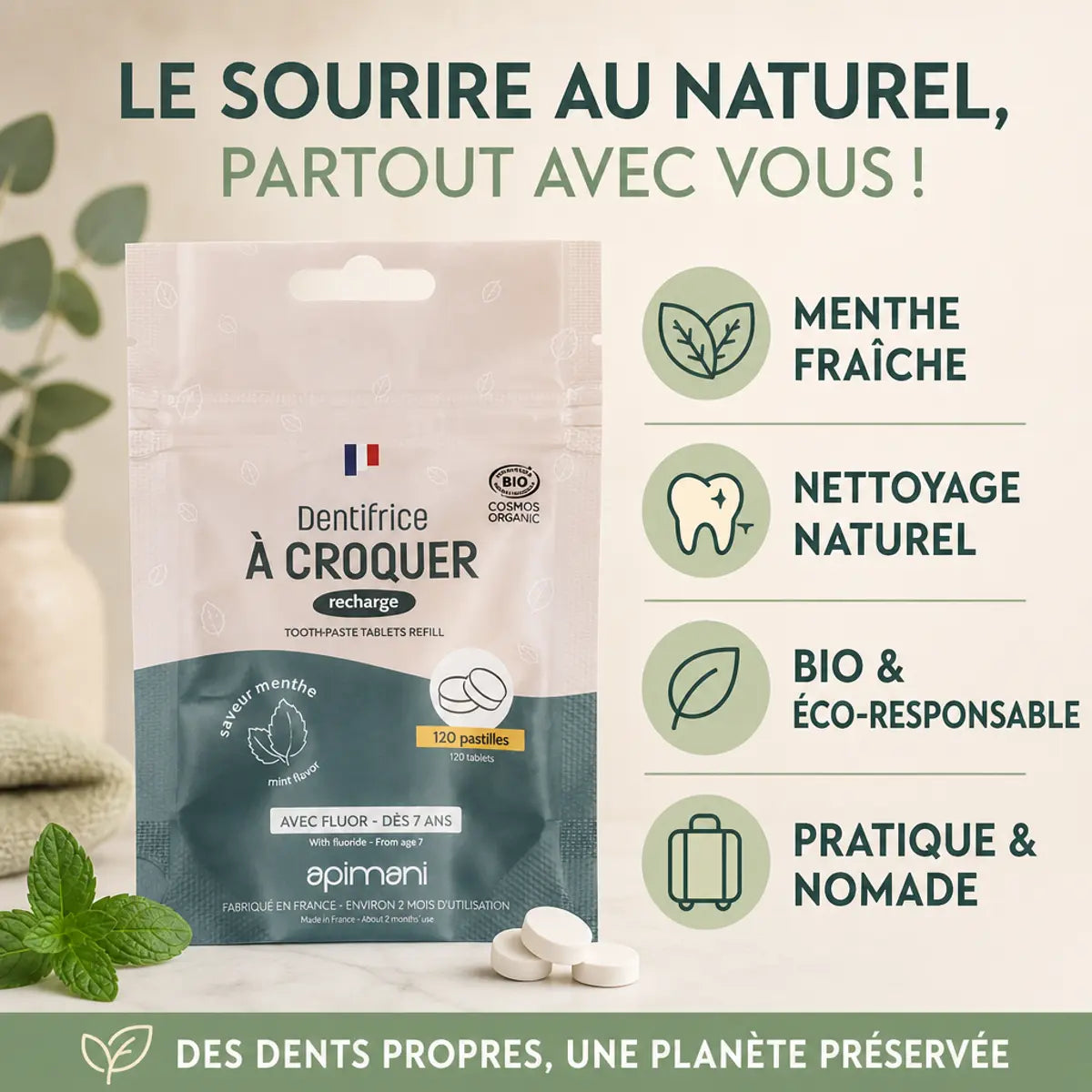 Dentifrice à croquer menthe Apimani 120 pastilles recharge bio éco-responsable pratique nomade