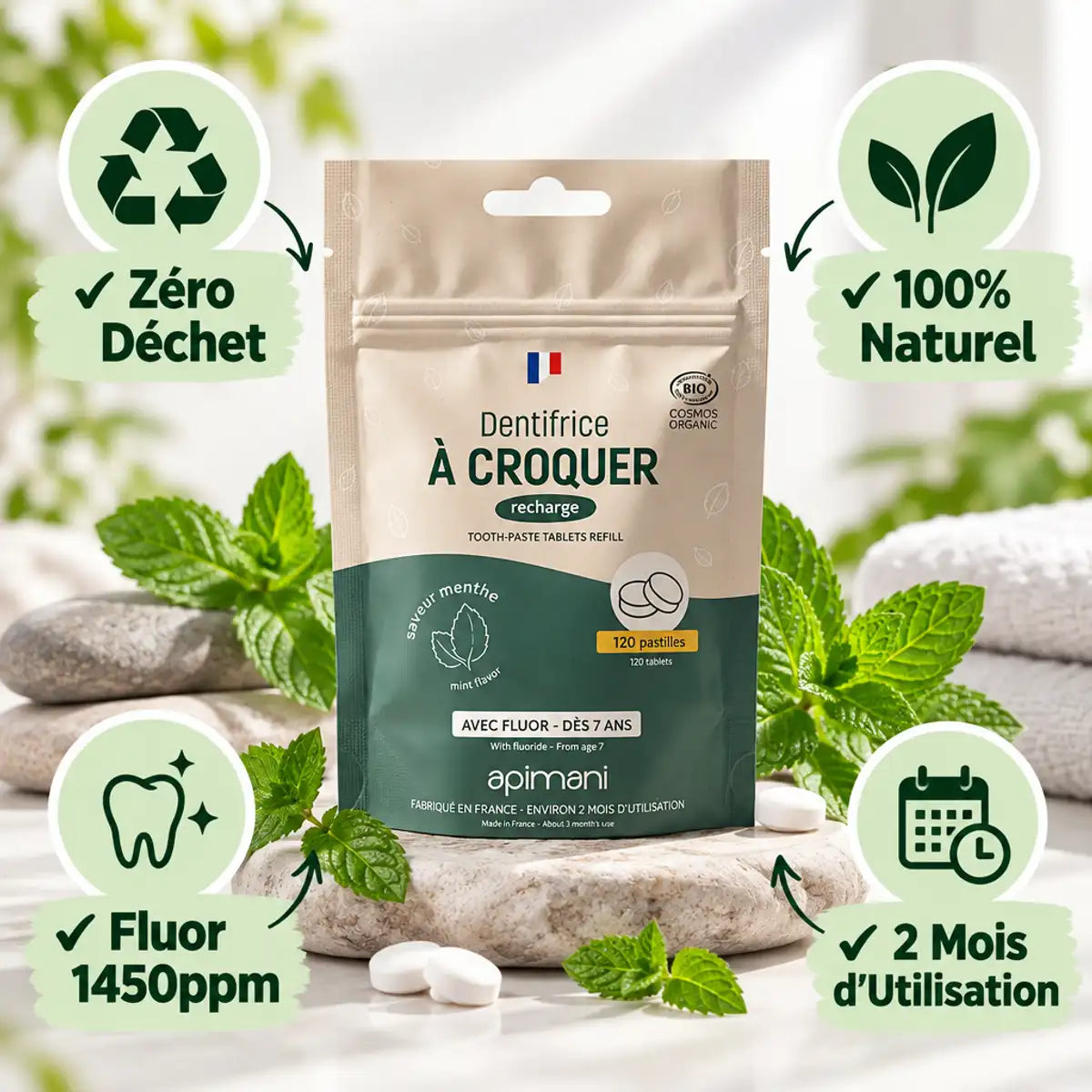 Dentifrice à croquer menthe Apimani recharge 120 pastilles zéro déchet naturel bio