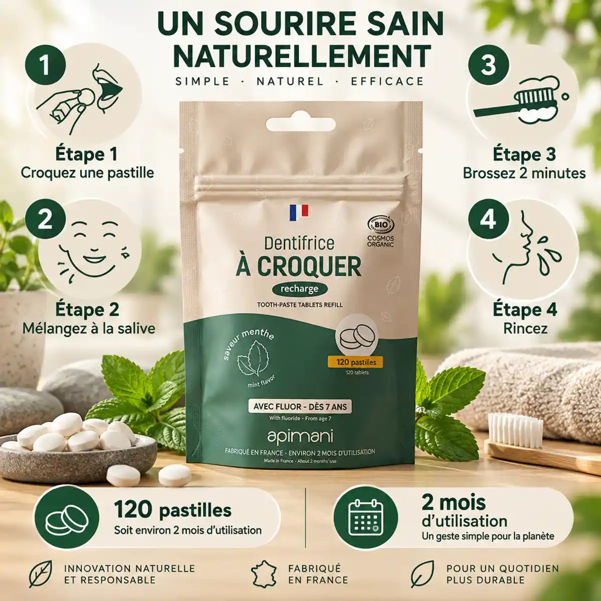 Dentifrice à croquer menthe Apimani 120 pastilles avec étapes d'utilisation et feuilles de menthe