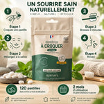 Dentifrice à croquer menthe Apimani 120 pastilles avec étapes d'utilisation et feuilles de menthe