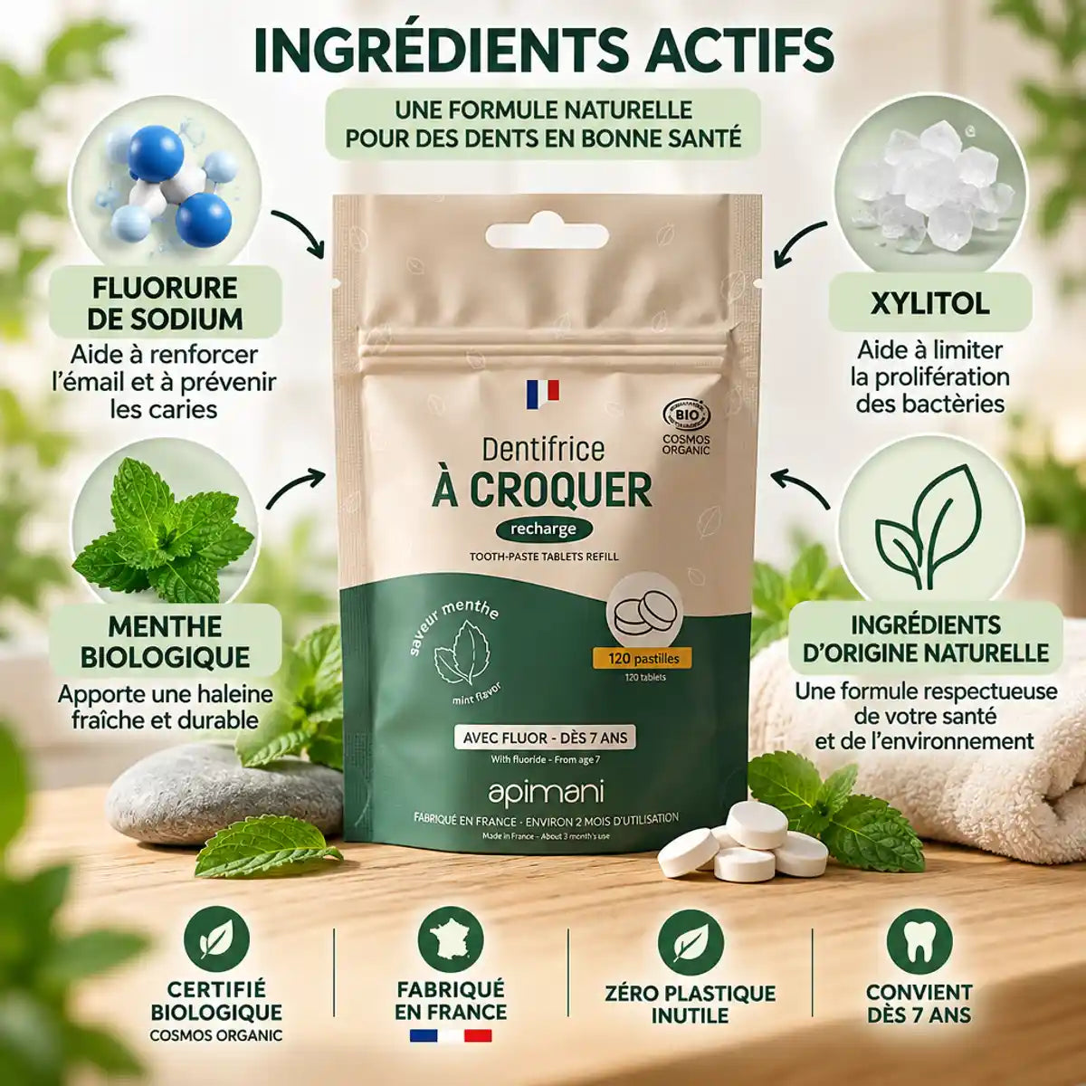 Dentifrice à croquer menthe Apimani 120 pastilles recharge avec ingrédients actifs