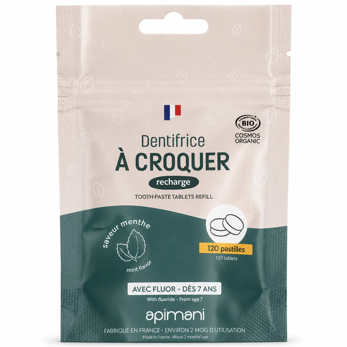 Dentifrice à croquer menthe Apimani recharge 120 pastilles, sachet kraft certifié bio