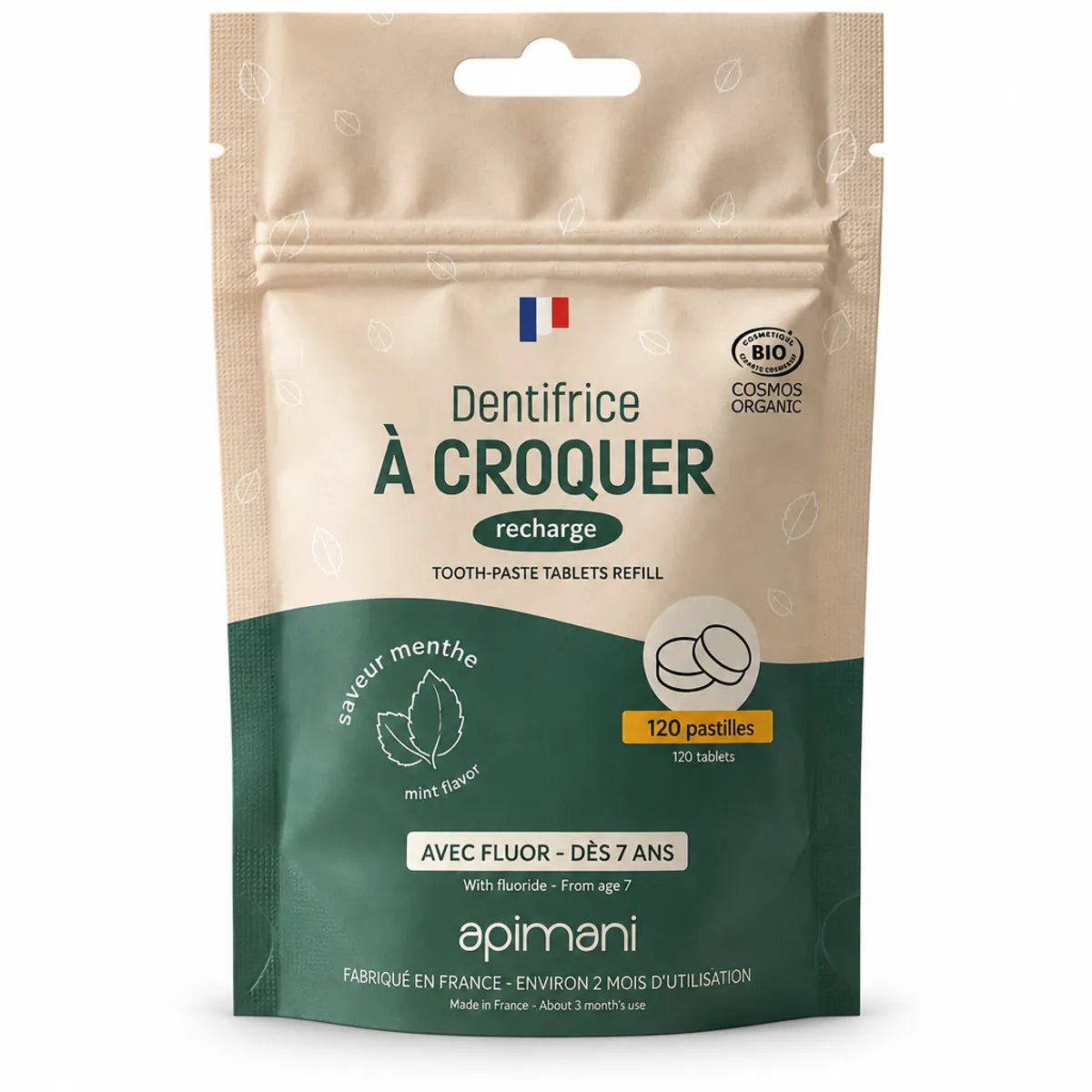 Dentifrice à croquer menthe Apimani - Recharge 120 pastilles certifiées BIO