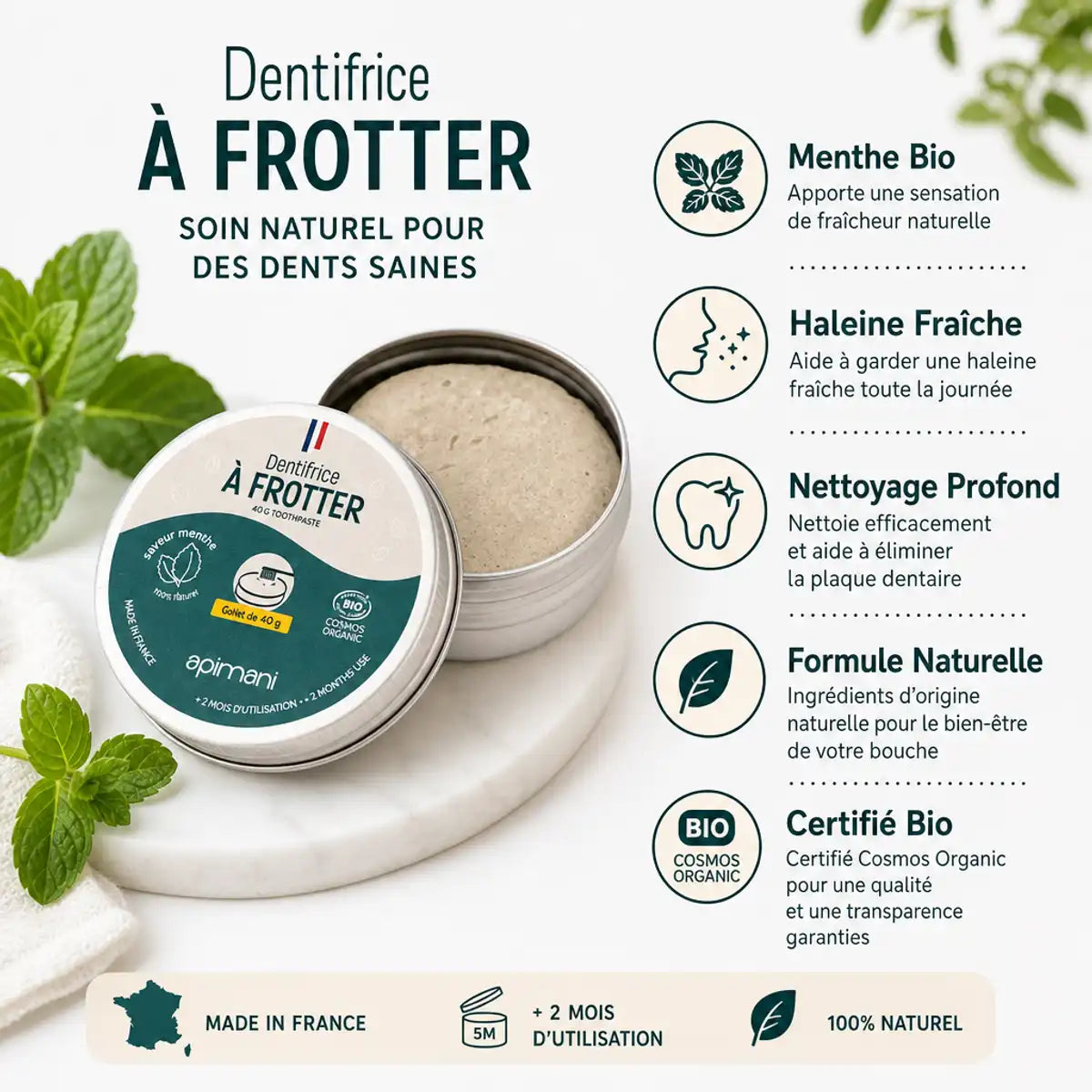 Dentifrice bio menthe Apimani avec ses 5 bénéfices : haleine fraîche, nettoyage profond, formule naturelle certifiée