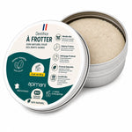 Dentifrice à frotter menthe bio Apimani en boîte métallique ronde, packaging blanc et vert sapin