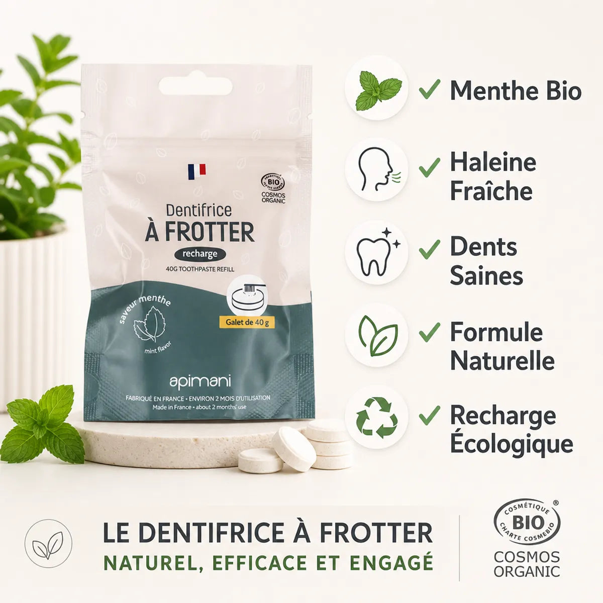 Dentifrice menthe bio Apimani 40g recharge galet avec bénéfices naturels haleine fraîche dents saines