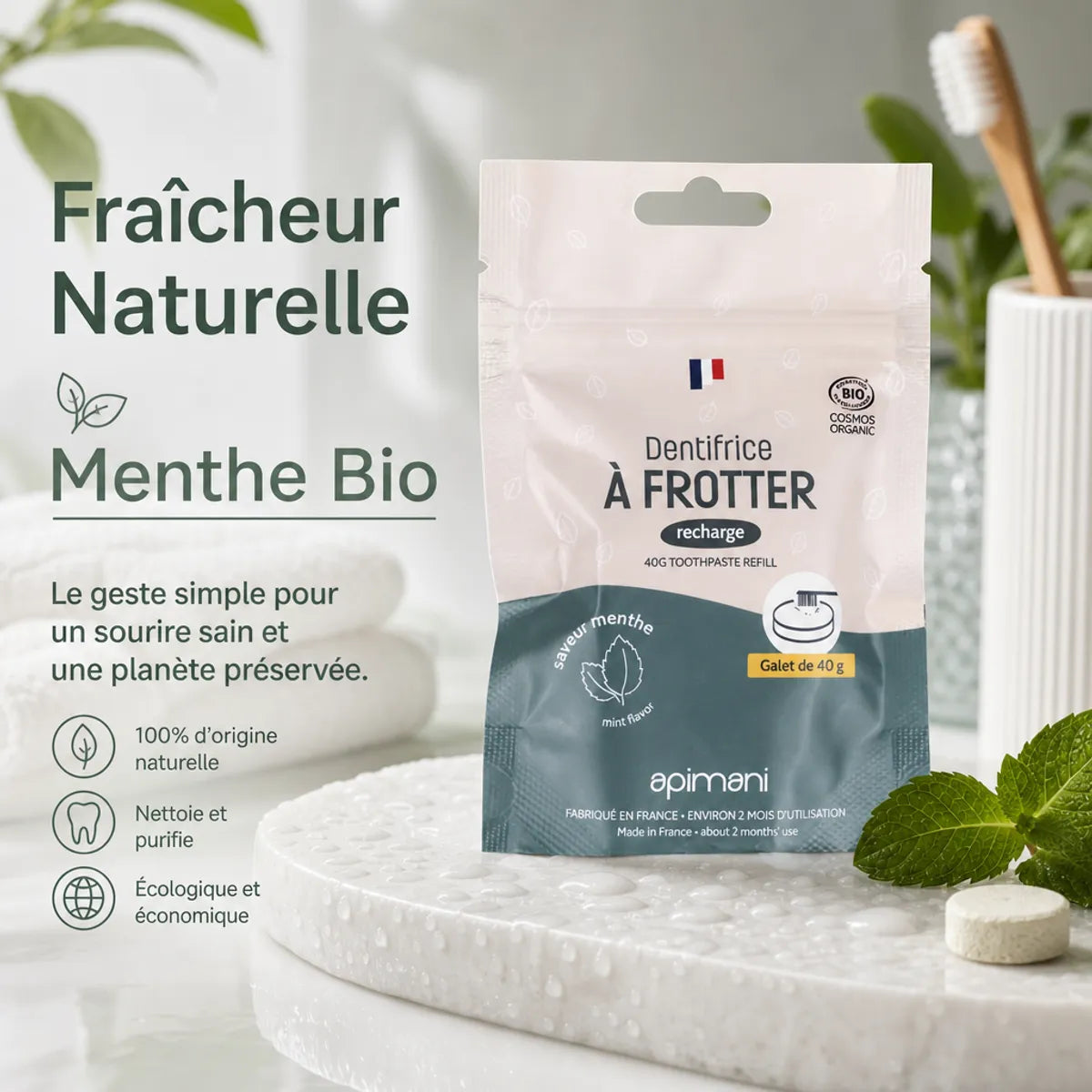 Dentifrice à frotter menthe bio Apimani recharge 40g avec feuilles de menthe fraîche