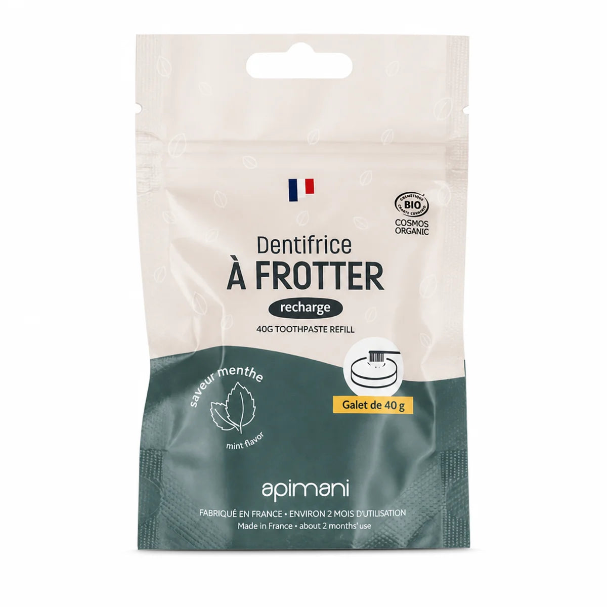Dentifrice à frotter menthe bio Apimani recharge galet 40g sachet blanc et teal