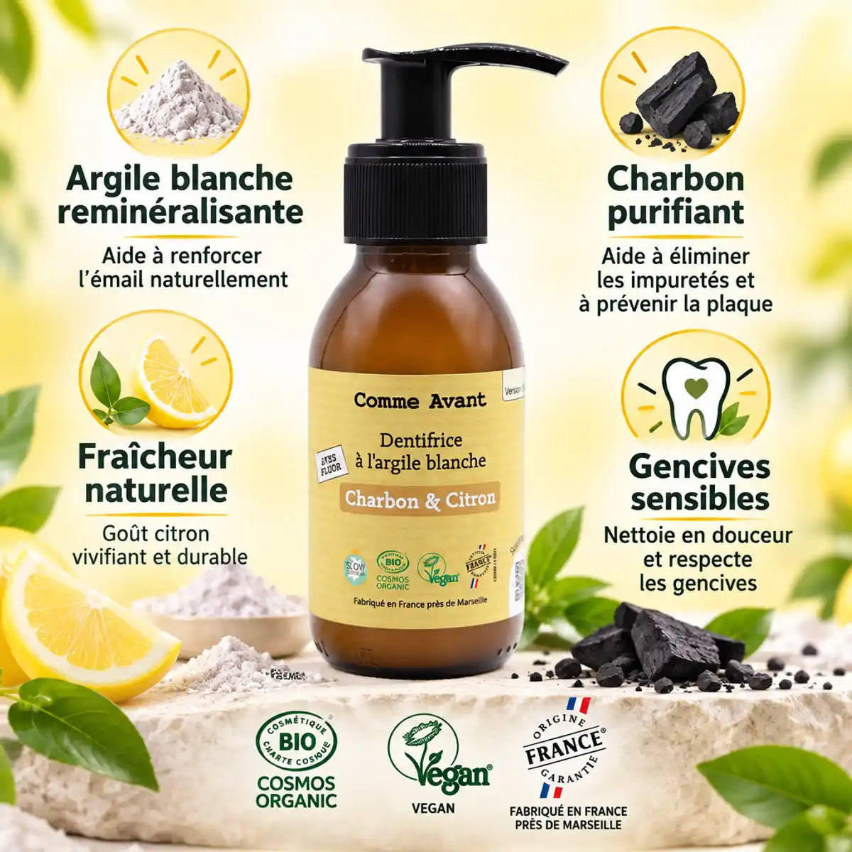 Dentifrice argile blanche charbon citron 90ml Comme Avant avec bénéfices naturels