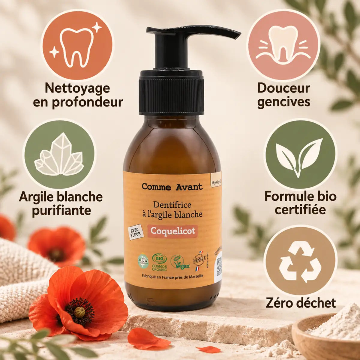 Dentifrice argile blanche Coquelicot Comme Avant 90ml avec bénéfices nettoyage bio certifié