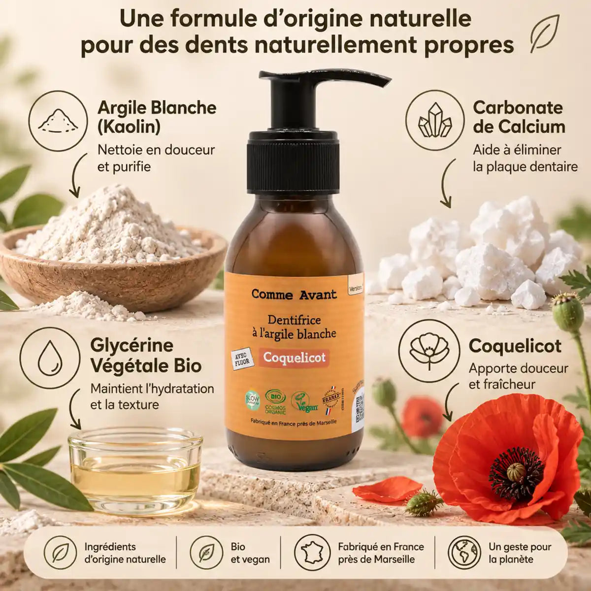 Dentifrice argile blanche Comme Avant 90ml avec ingrédients naturels kaolin, carbonate calcium et coquelicot