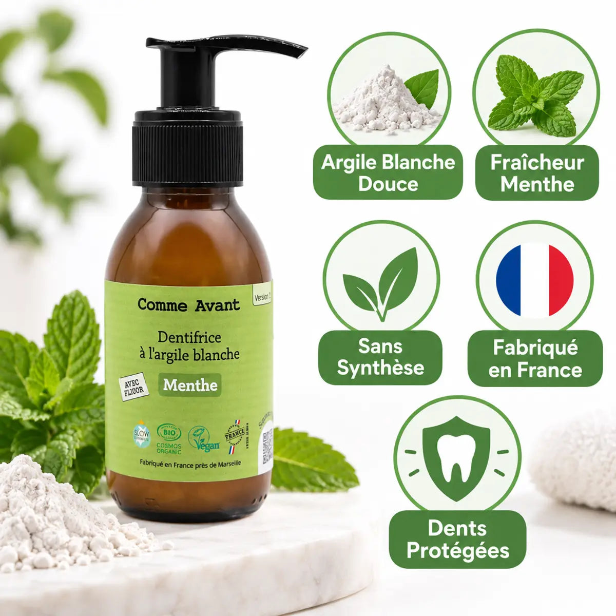 Dentifrice argile blanche menthe Comme Avant 90ml avec icônes bénéfices naturels