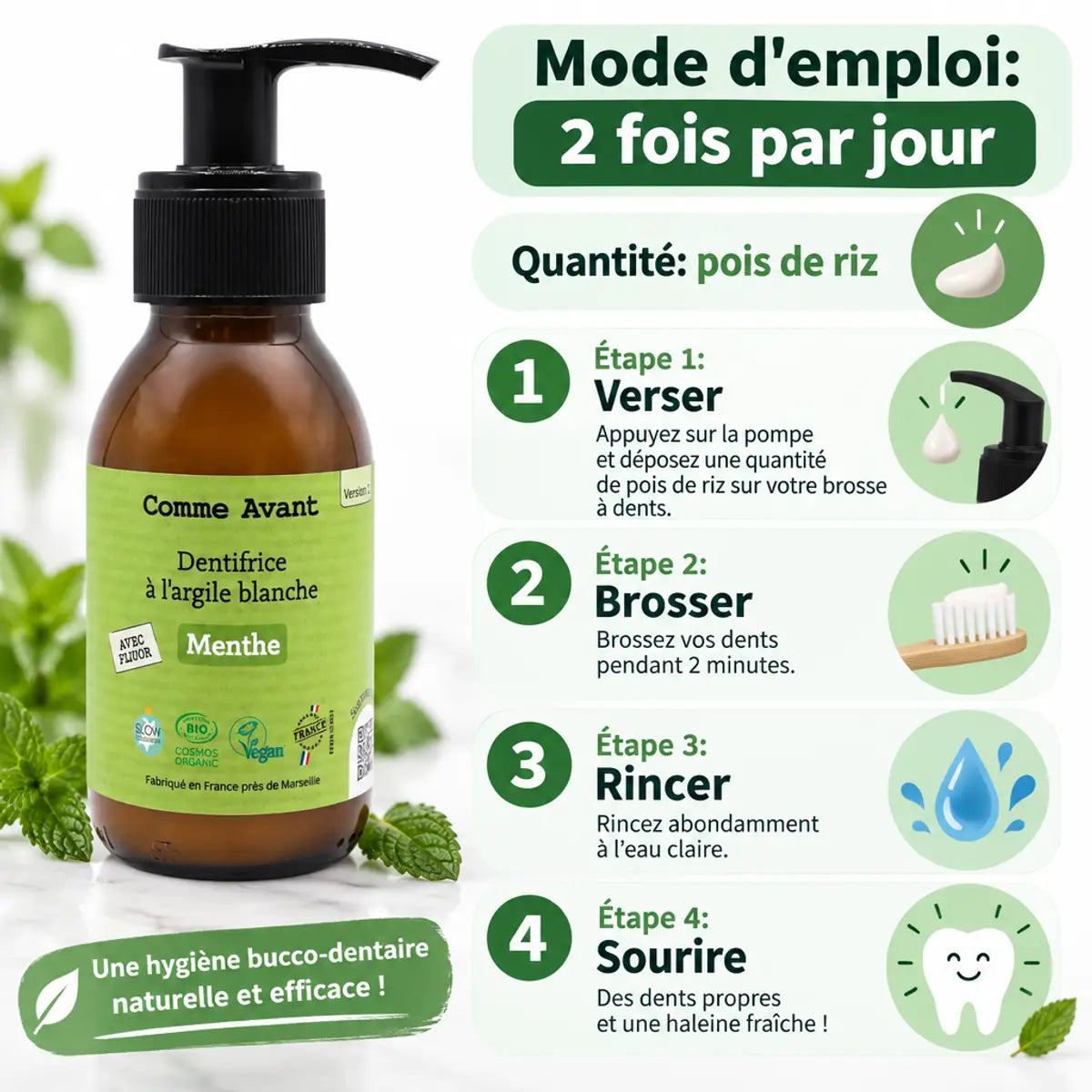 Dentifrice argile blanche mentholé Comme Avant 90ml avec mode d'emploi 4 étapes