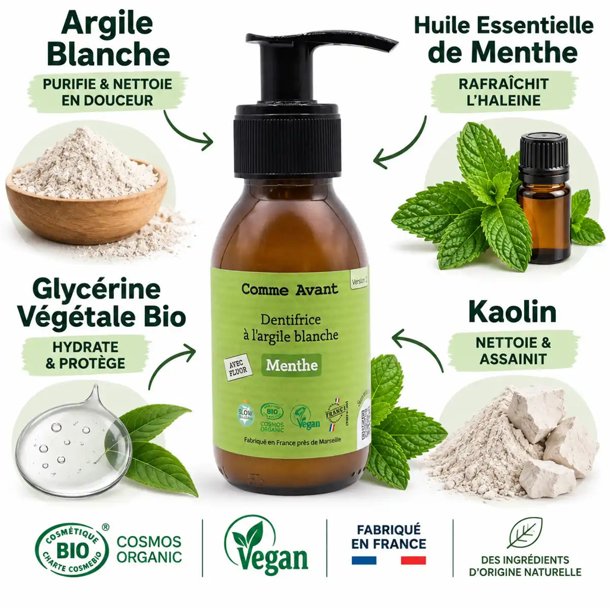 Dentifrice argile blanche mentholé Comme Avant 90ml en flacon verre avec ingrédients bio