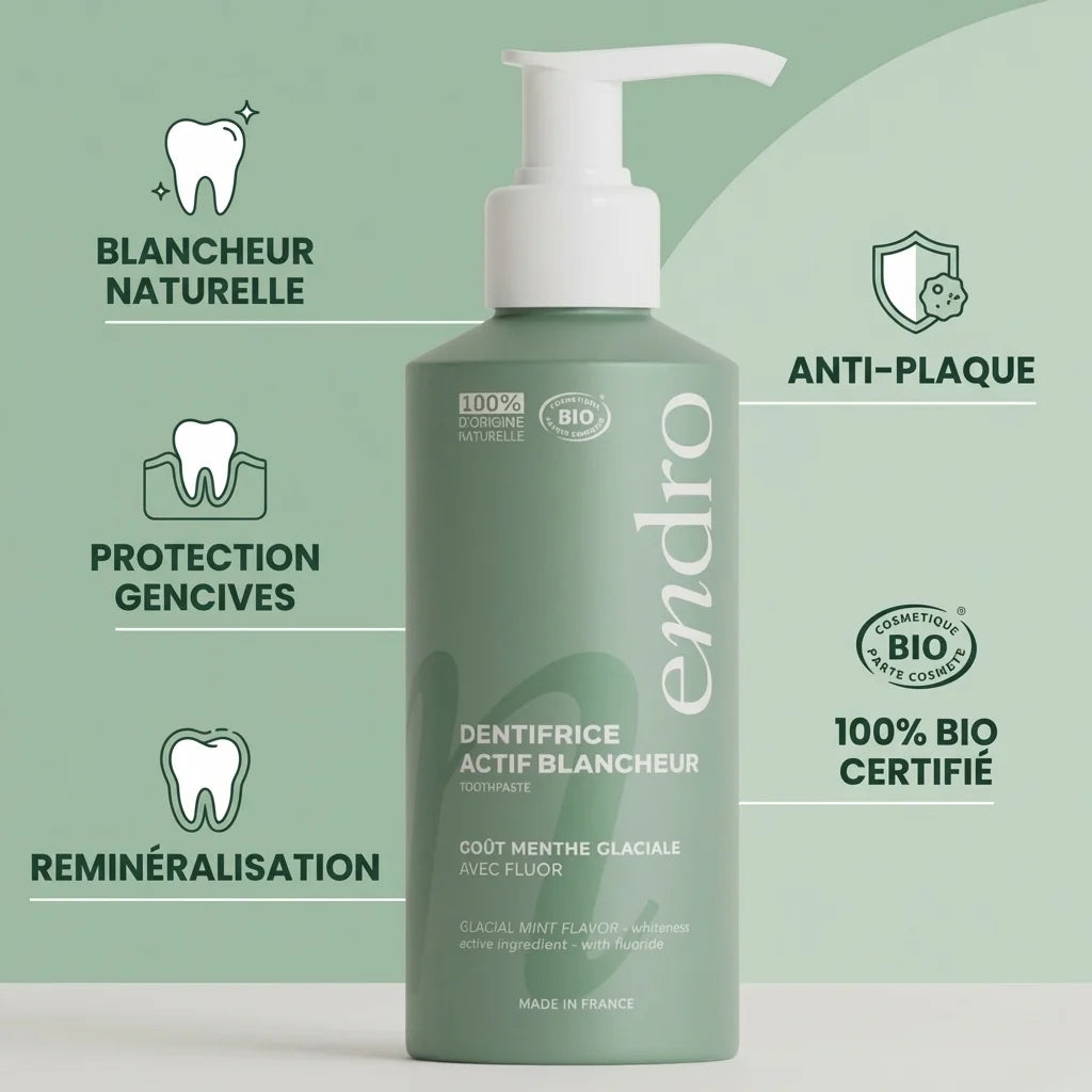 Dentifrice Endro Menthe Glaciale blancheur 175g avec infographie des 5 bénéfices