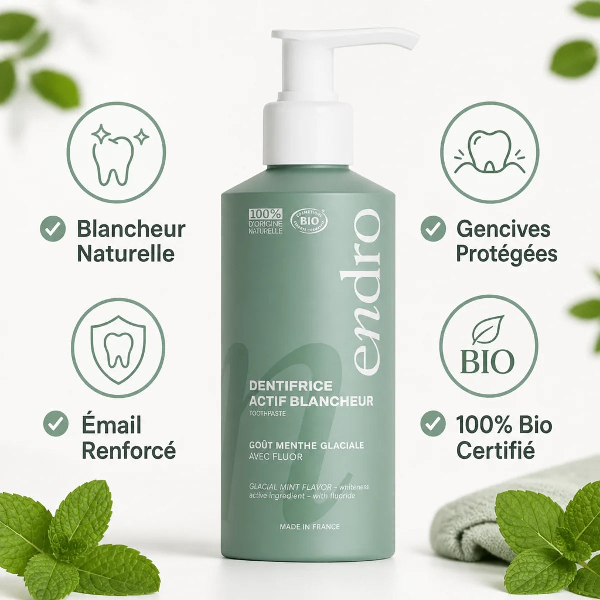 Dentifrice Actif Blancheur Menthe Glaciale Endro 175g avec bénéfices blancheur naturelle, gencives protégées, émail renforcé, bio certifié