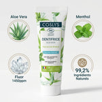 Dentifrice Coslys Aloe vera Menthol 100g tube blanc avec ingrédients naturels certifiés bio