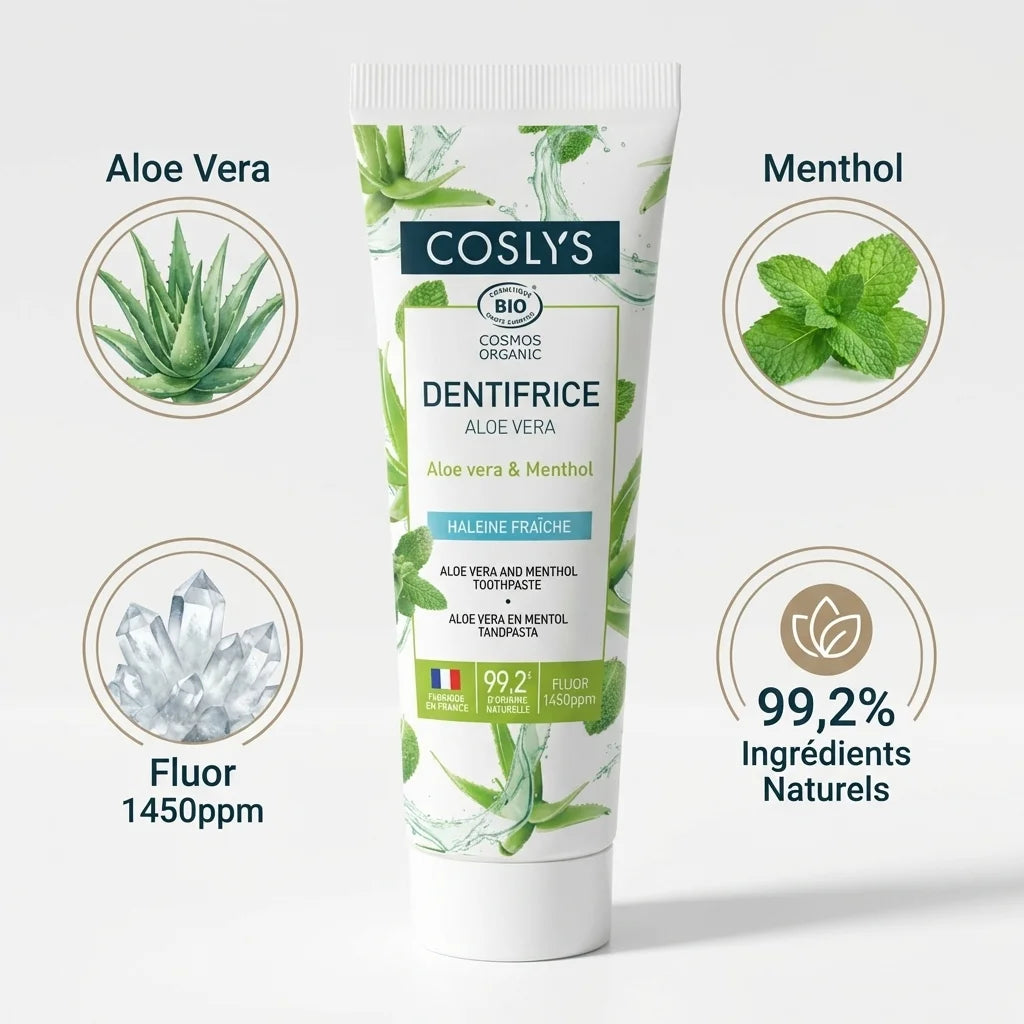 Dentifrice Coslys Aloe vera Menthol 100g tube blanc avec ingrédients naturels certifiés bio