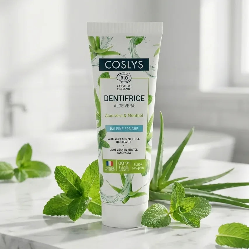 Dentifrice Coslys Aloe vera & Menthol 100g avec feuilles de menthe et aloe vera sur marbre blanc