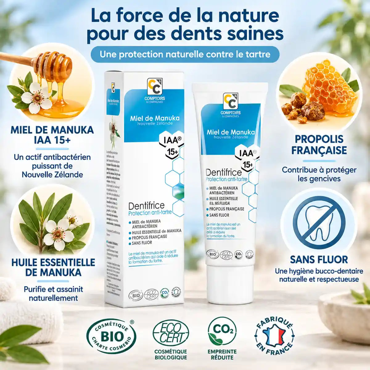 Dentifrice anti-tartre miel de Manuka IAA 15+ bio Comptoirs et compagnies avec ingrédients naturels
