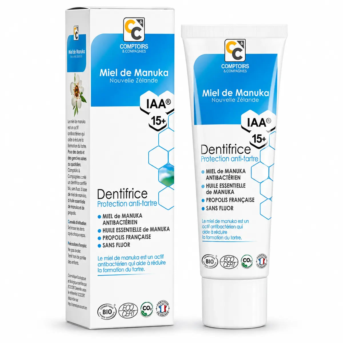 Dentifrice anti-tartre Comptoirs et compagnies miel Manuka IAA 15+ bio 75ml tube blanc